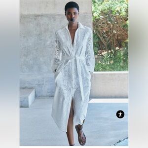 Zara White Eyelet Maxi Shirtdress Size Small Summer 2024 Collection